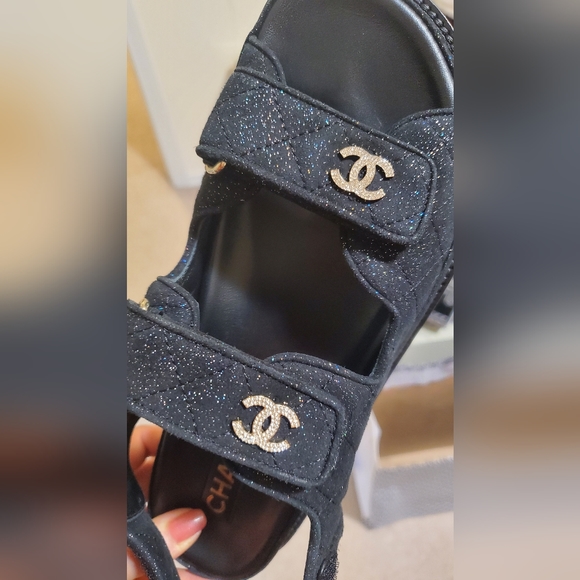 [CHANEL]★Velcro Sandals★Black Chanel Women's Velcro Dad Sandals Quilted Fabric with
